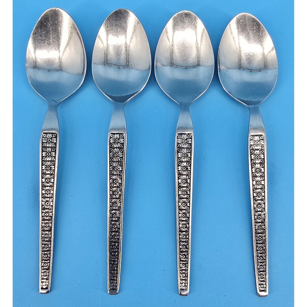 Set of 4 Hanford Forge Trocadero Stainless Steel Teaspoons Floral Vintage 70s‎